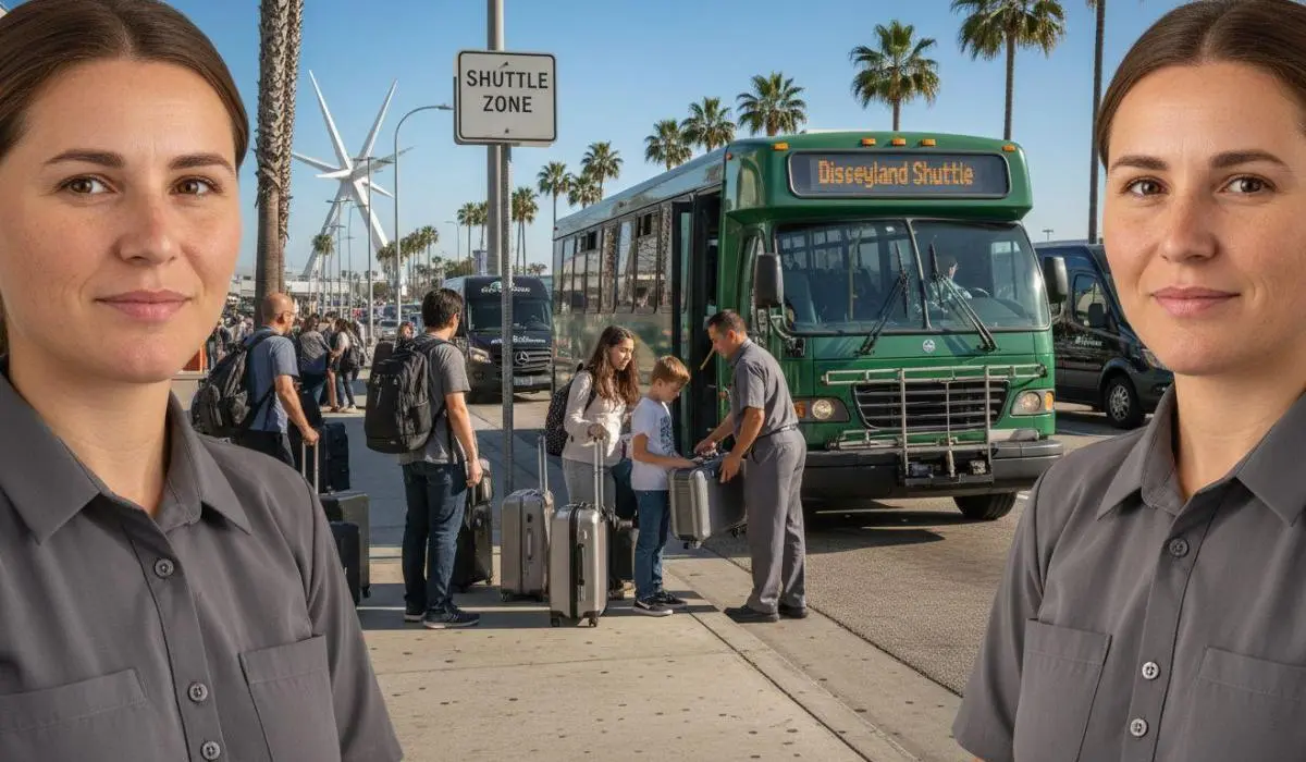 Travelers boarding Disneyland shuttle at LAX curb
