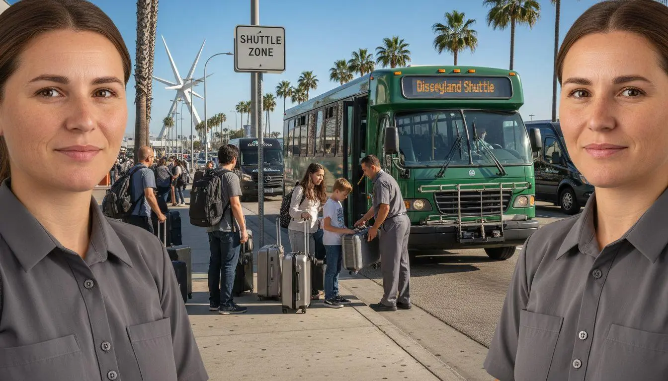 Travelers boarding Disneyland shuttle at LAX curb