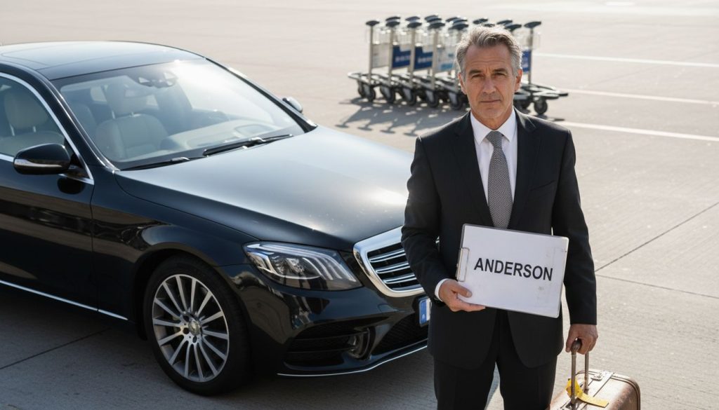 Chauffeur waits by luxury sedan at airport