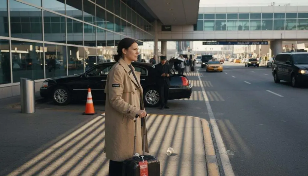 Traveler waiting curbside for airport transfer