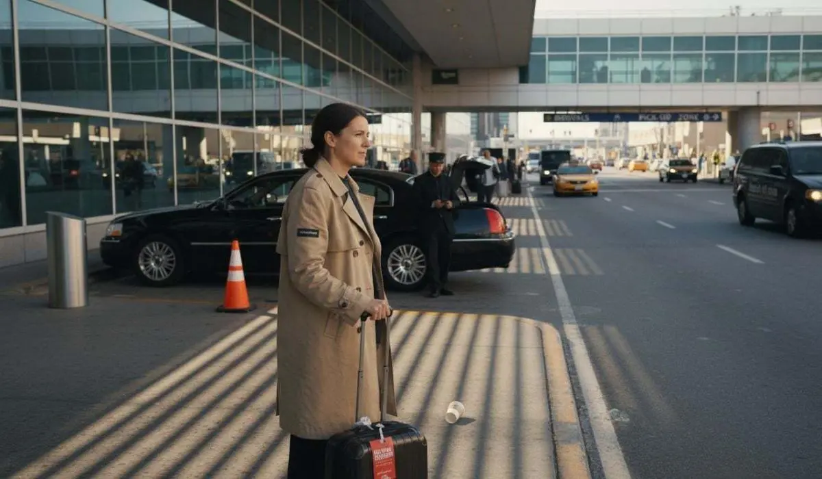 Traveler waiting curbside for airport transfer