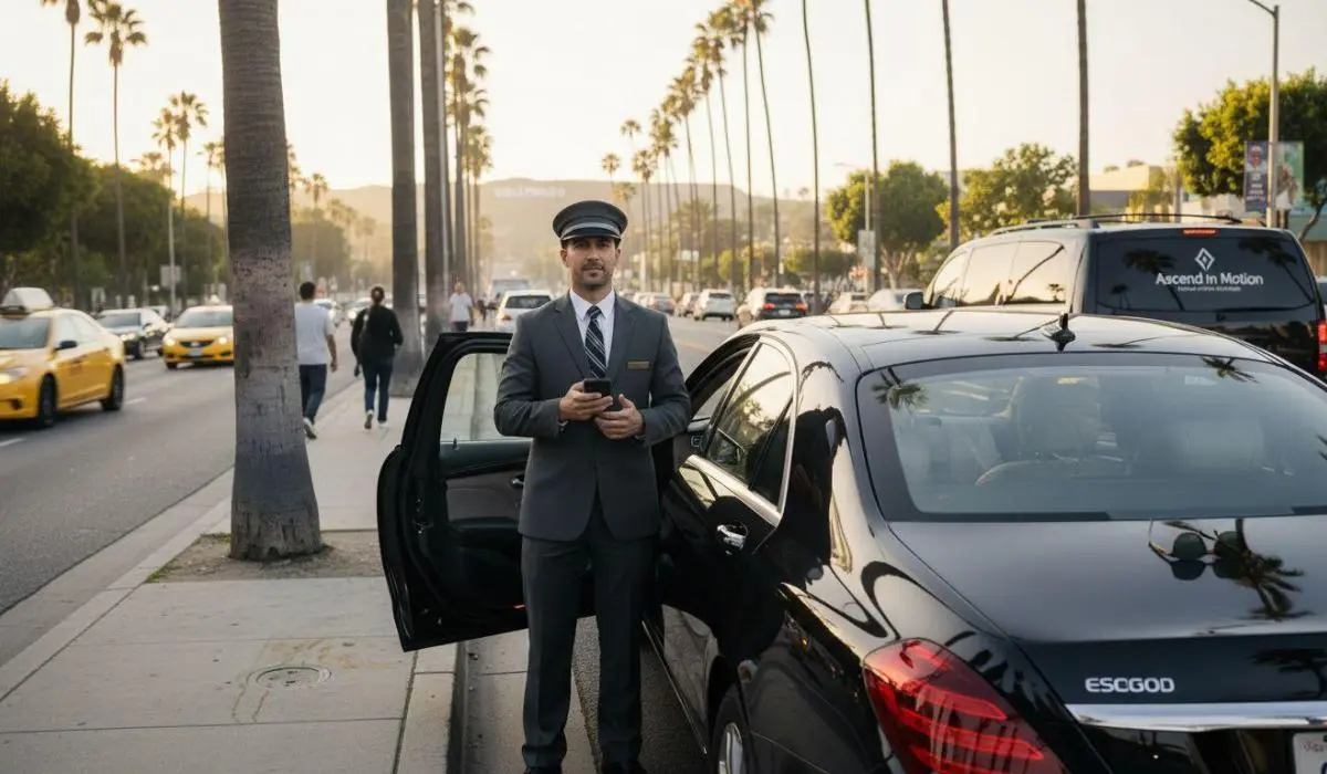 Chauffeur at luxury car curbside in LA