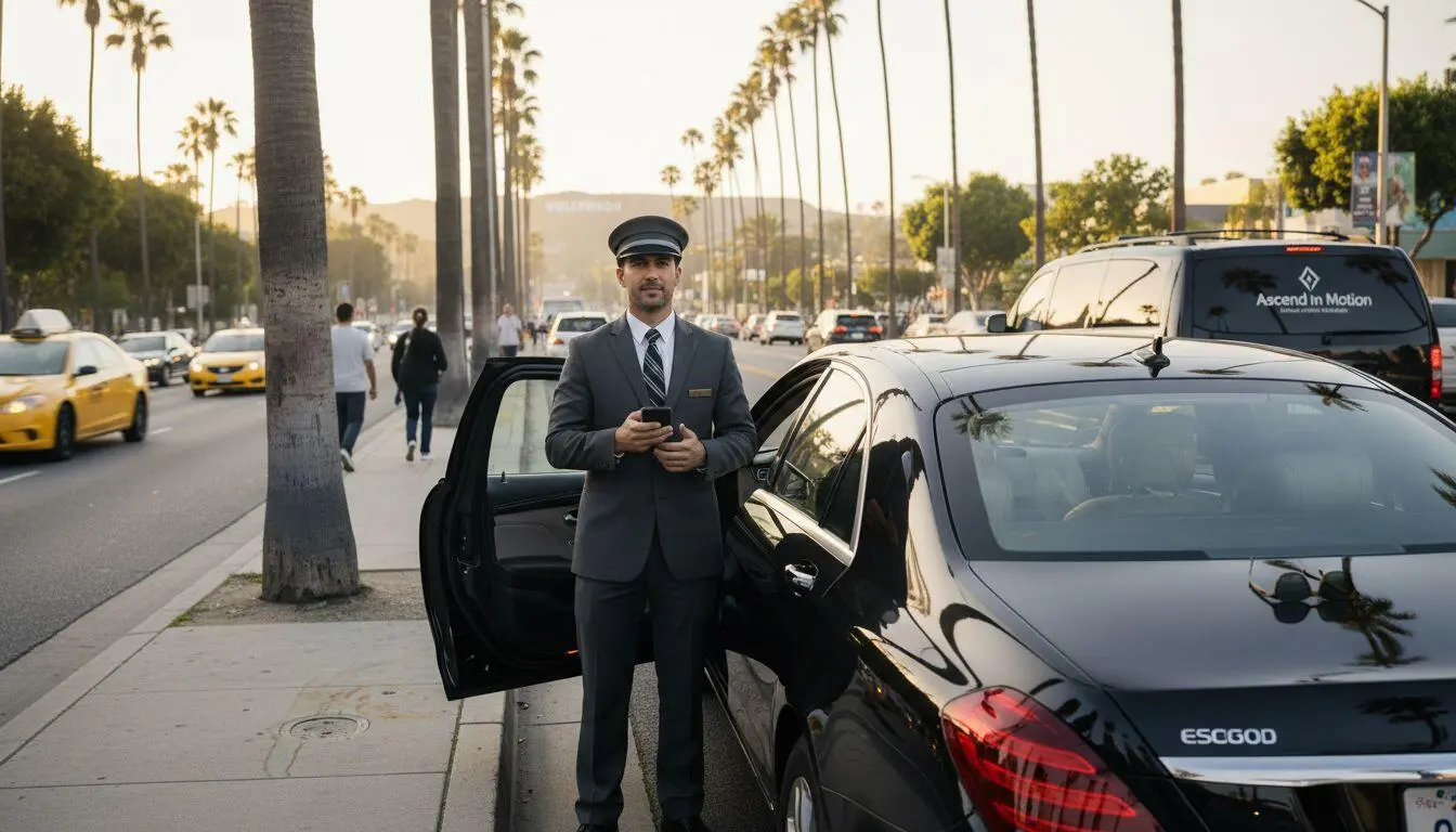 Chauffeur at luxury car curbside in LA