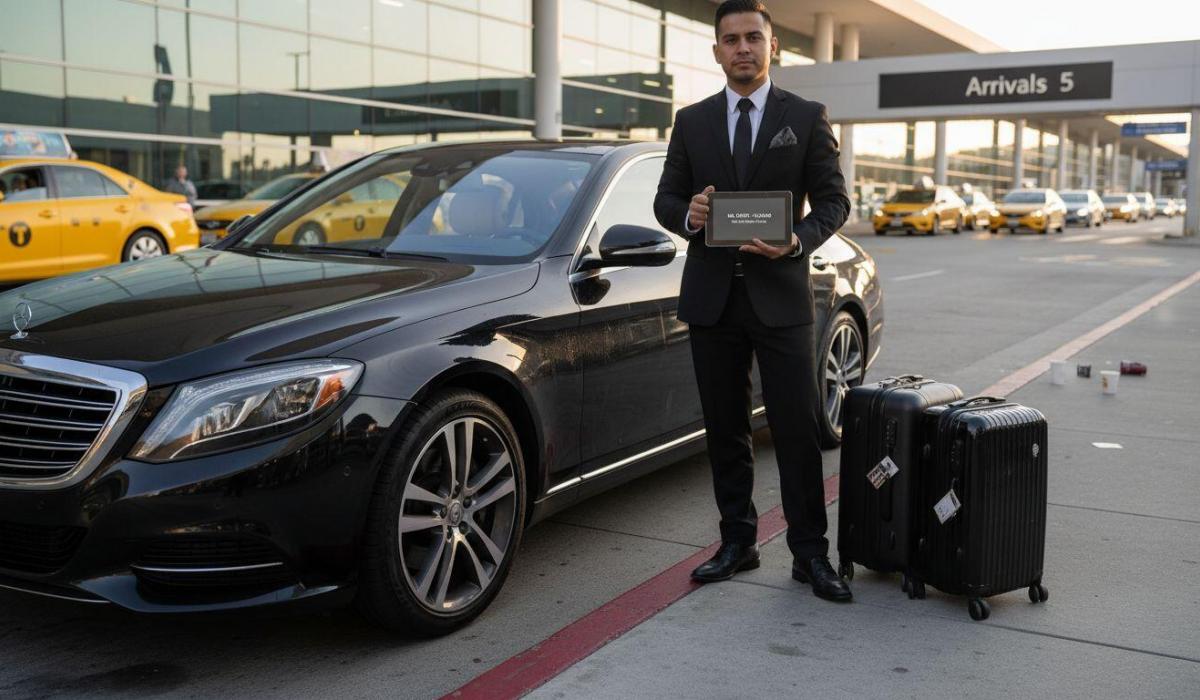 Chauffeur and luxury car at airport curb