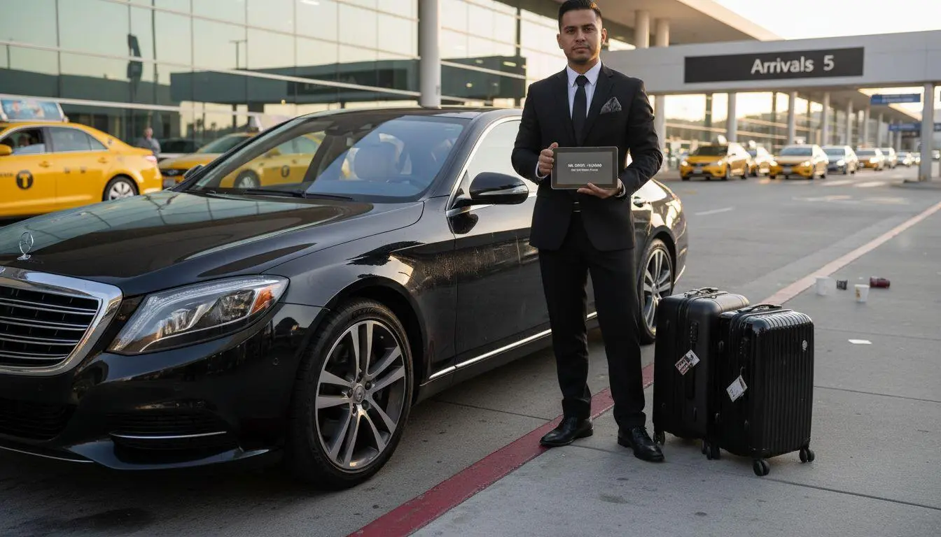 Chauffeur and luxury car at airport curb