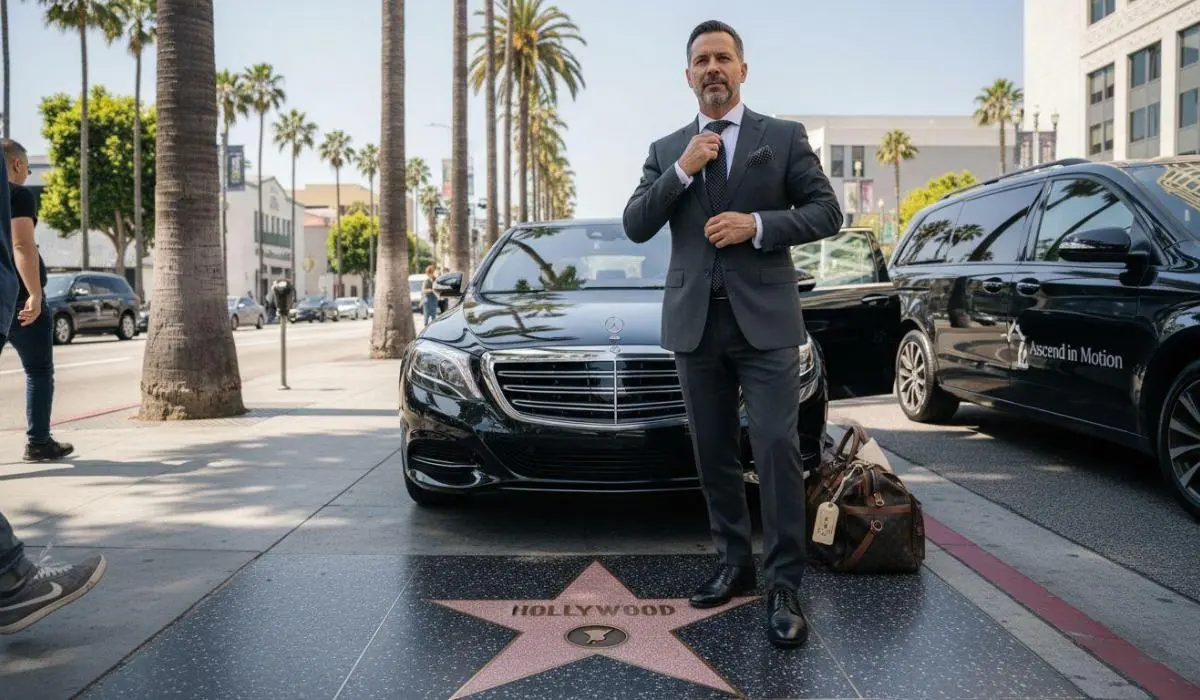 Chauffeur beside luxury car under palm trees