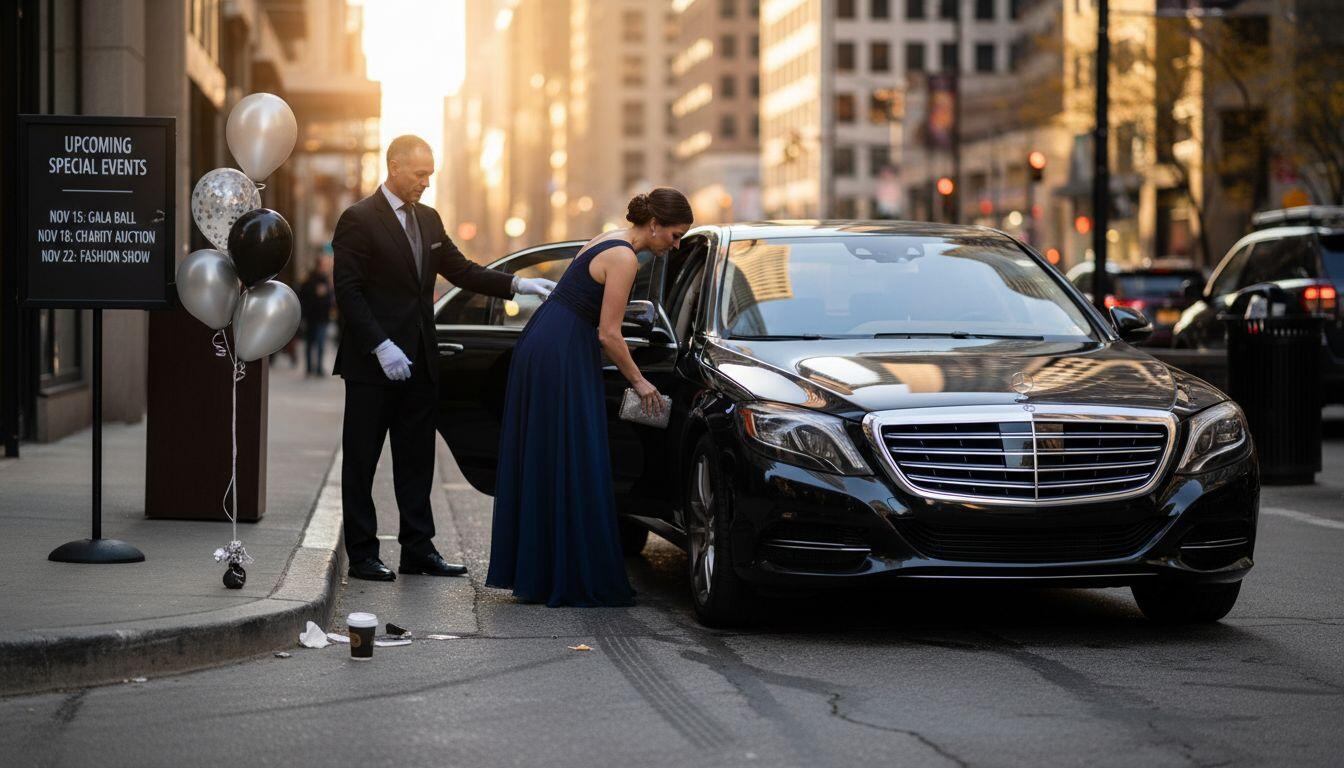Chauffeur opens car door for private event guest