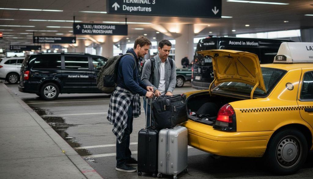 Travelers loading luggage into LAX curbside cab