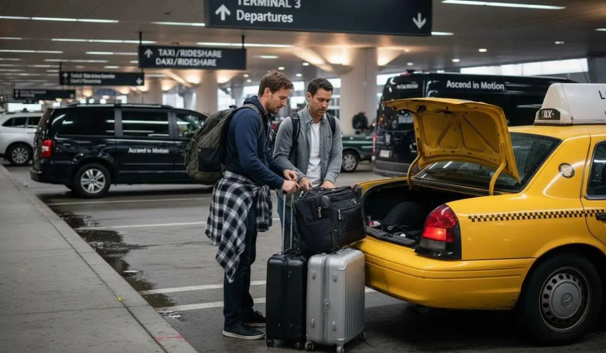 Travelers loading luggage into LAX curbside cab