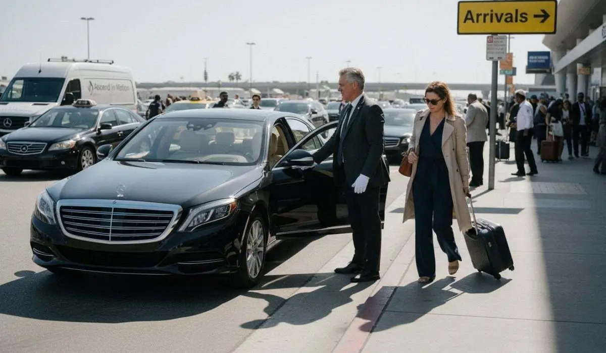 Chauffeur assisting passenger at Los Angeles airport curb
