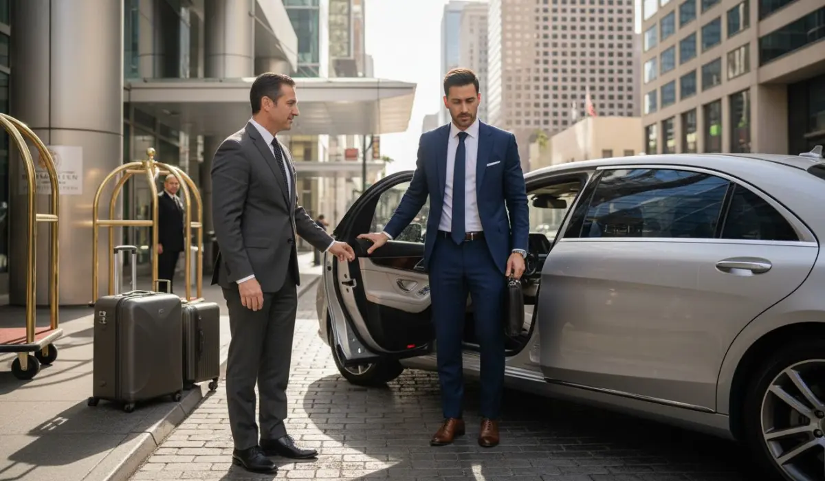 Chauffeur opening sedan door at city hotel