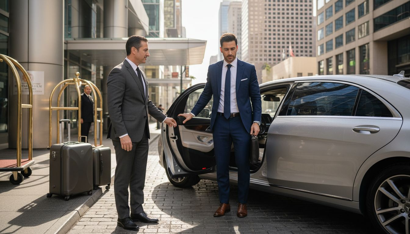 Chauffeur opening sedan door at city hotel
