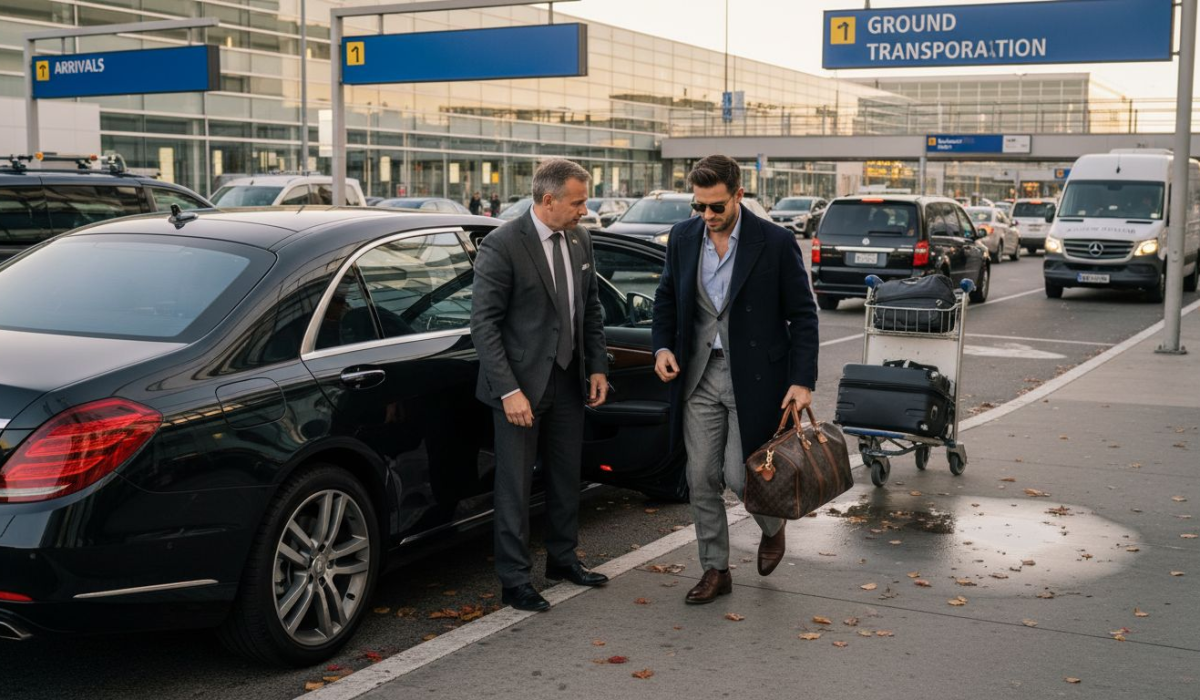 Chauffeur greeting traveler at airport terminal