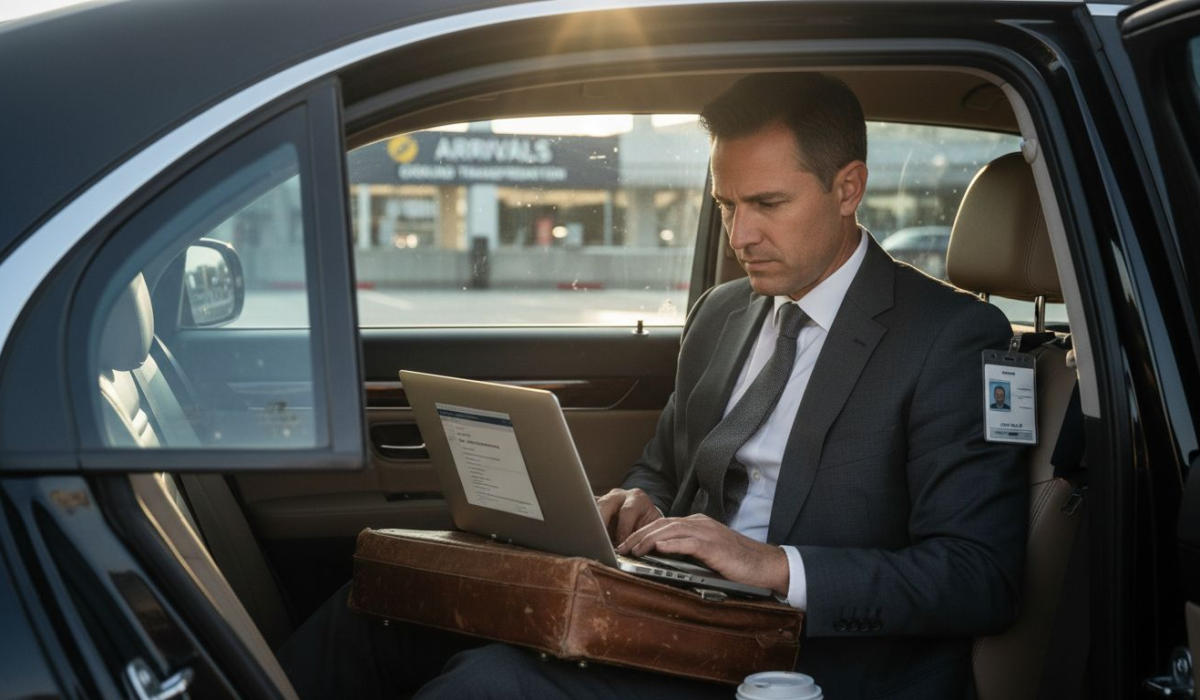 Business traveler working in airport transfer car
