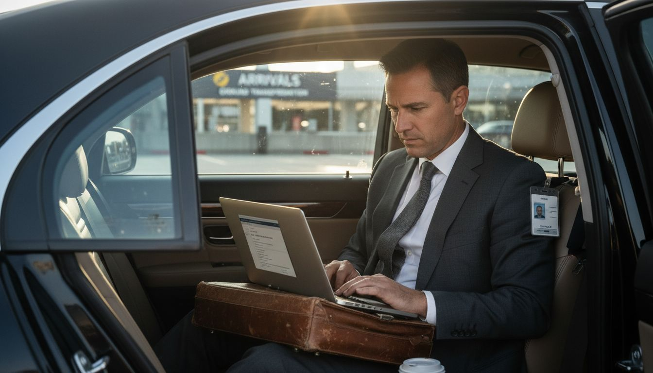Business traveler working in airport transfer car