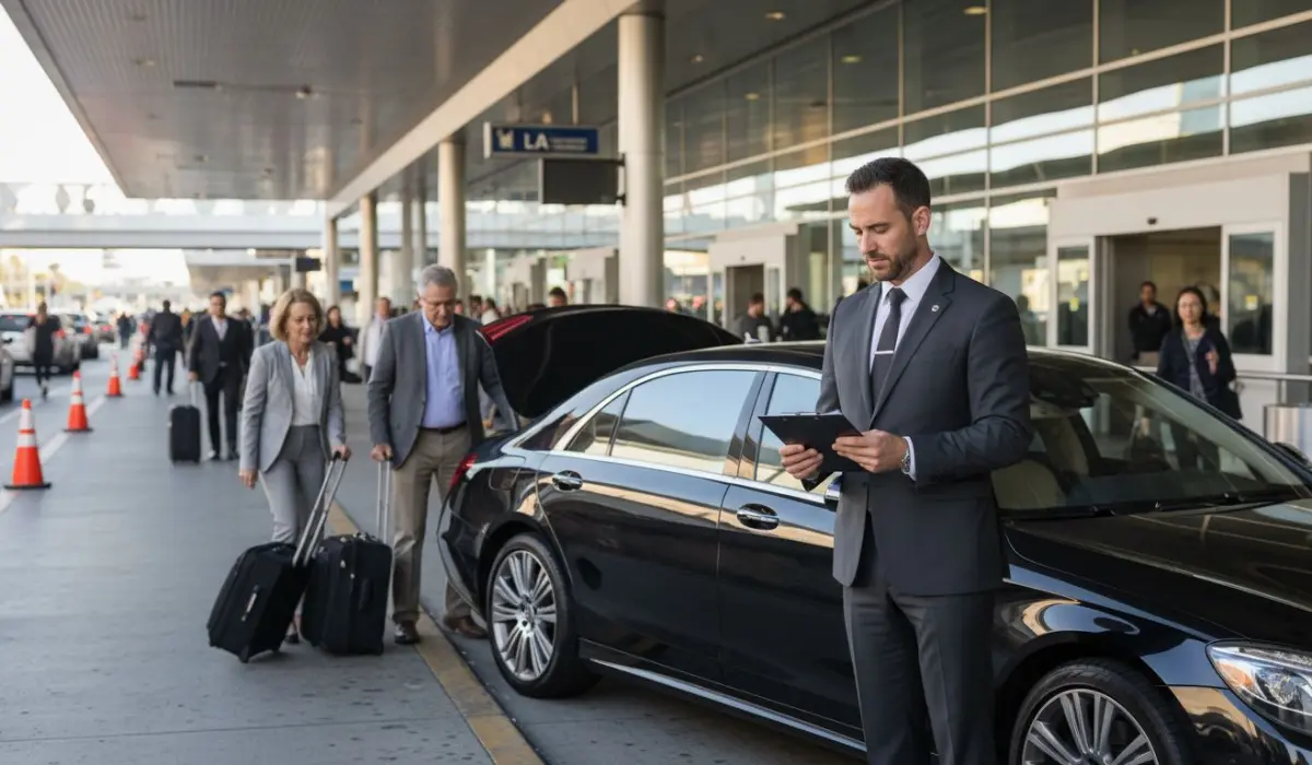 Chauffeur with luxury car at LAX curb