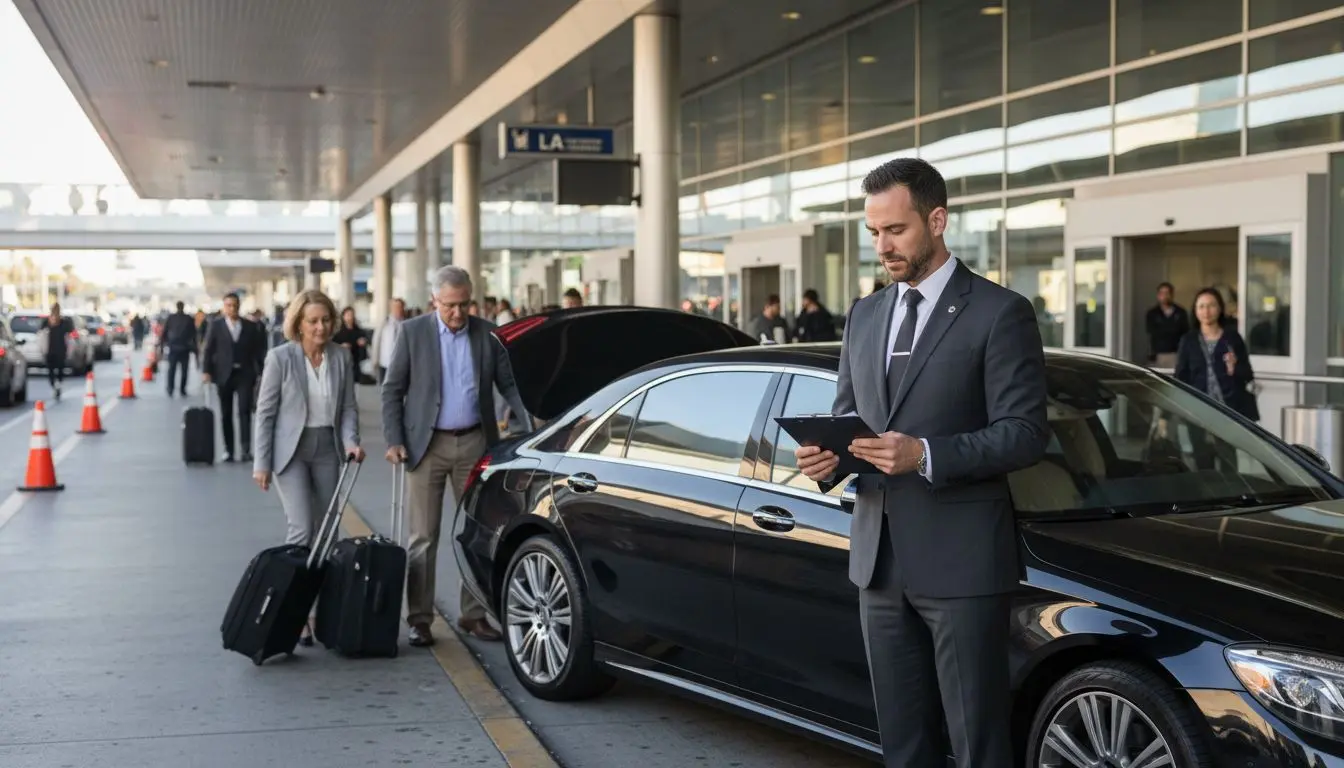 Chauffeur with luxury car at LAX curb