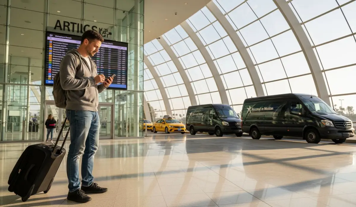 Traveler checks shuttle confirmation at Anaheim ARTIC