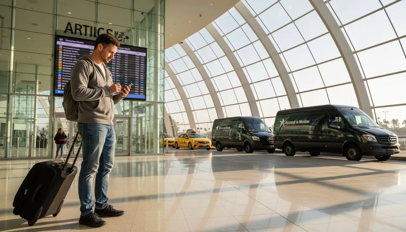 Traveler checks shuttle confirmation at Anaheim ARTIC
