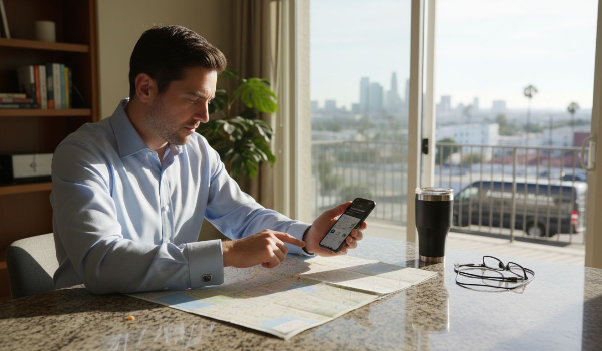 Business traveler booking car service at home