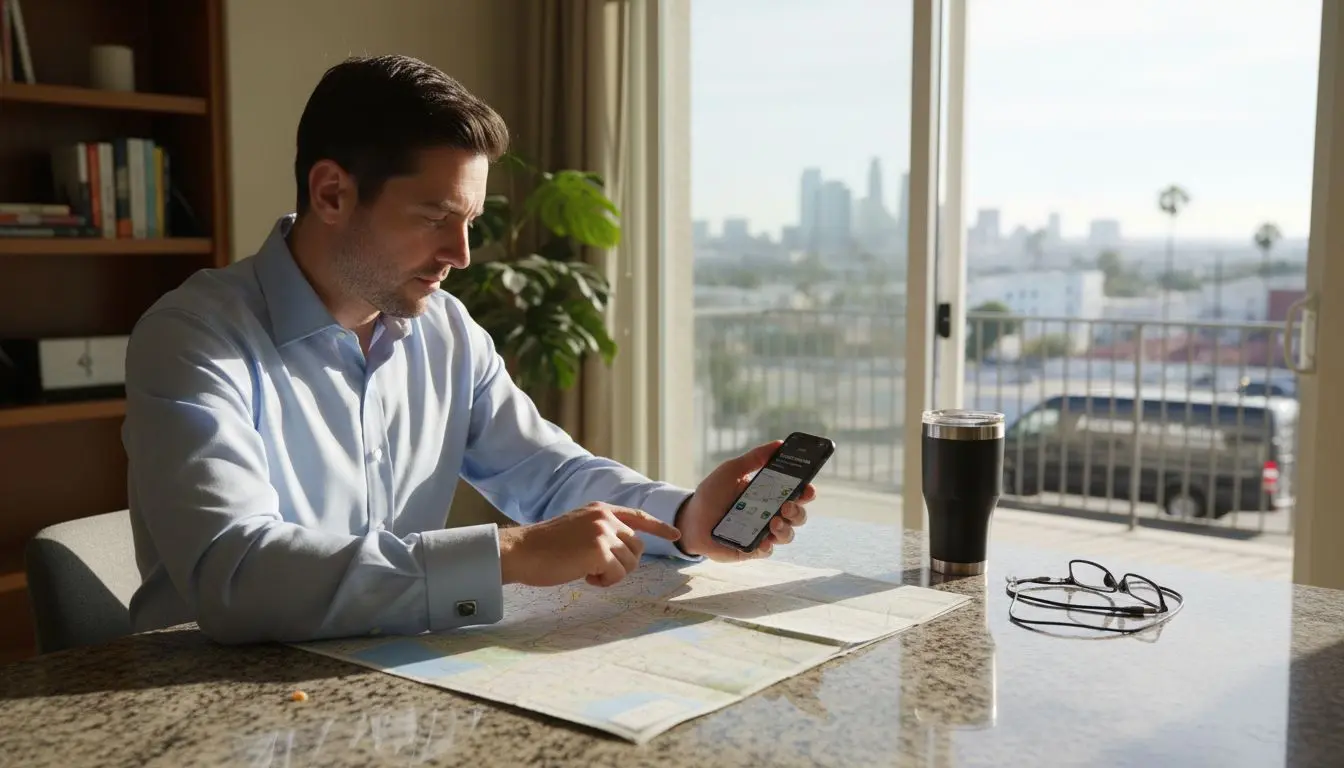 Business traveler booking car service at home