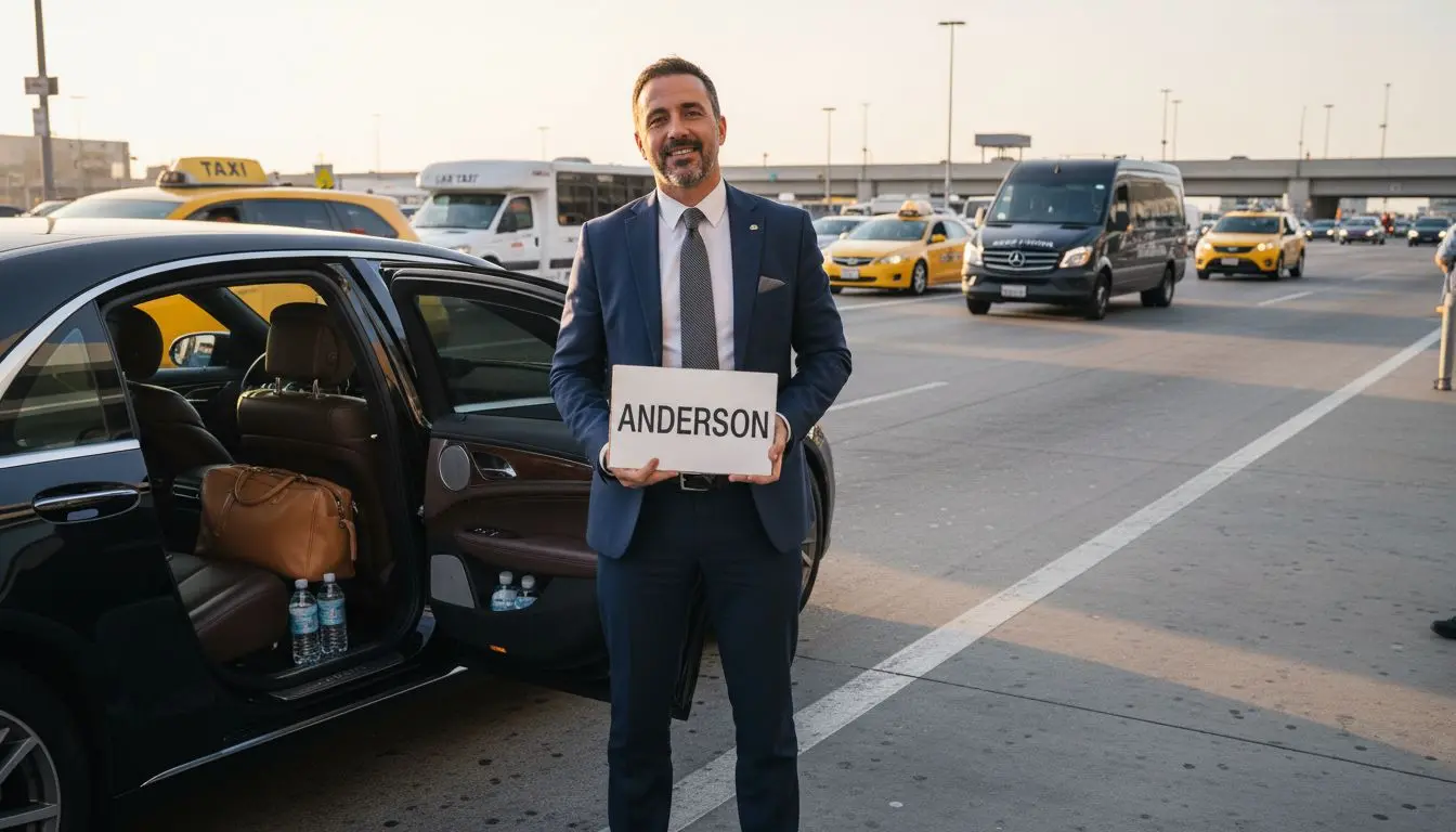 Chauffeur awaiting client at LAX with luxury sedan