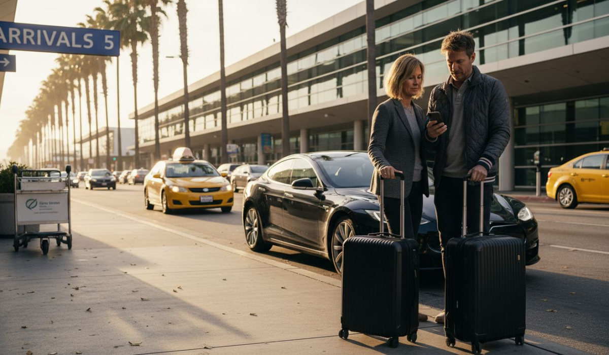 Travelers with luggage at LAX curbside morning