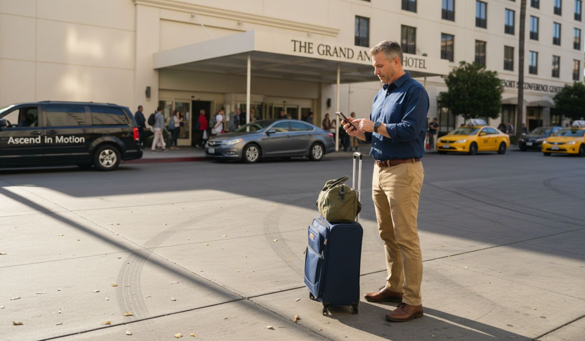 Man booking Anaheim to LAX taxi at hotel curb