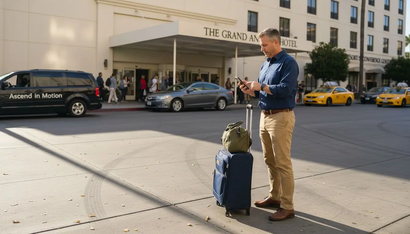 Man booking Anaheim to LAX taxi at hotel curb