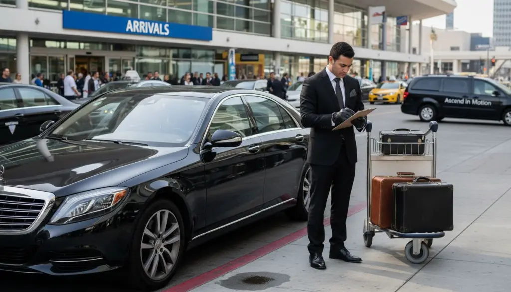 Chauffeur and luxury car at LAX arrivals area
