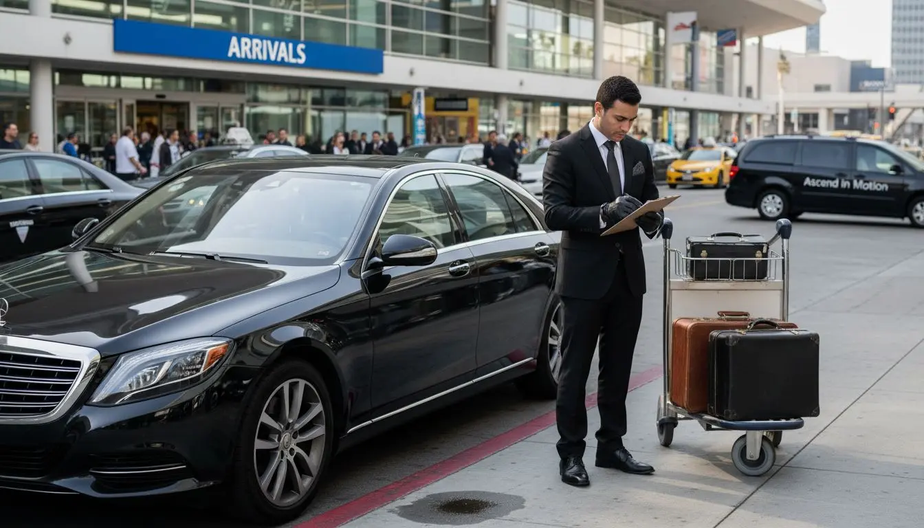 Chauffeur and luxury car at LAX arrivals area