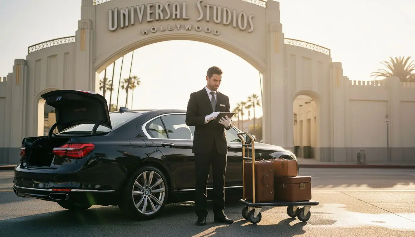 Chauffeur with car at Universal Studios entrance