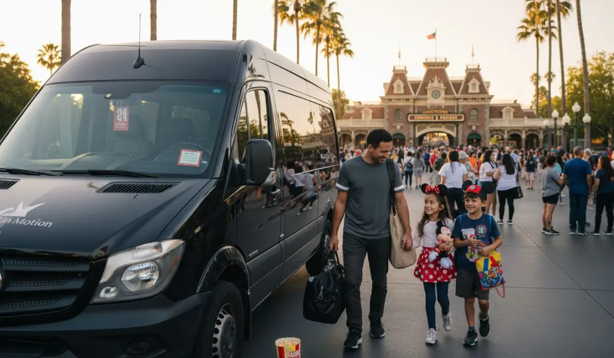 Family arrives in luxury van at Disneyland gates