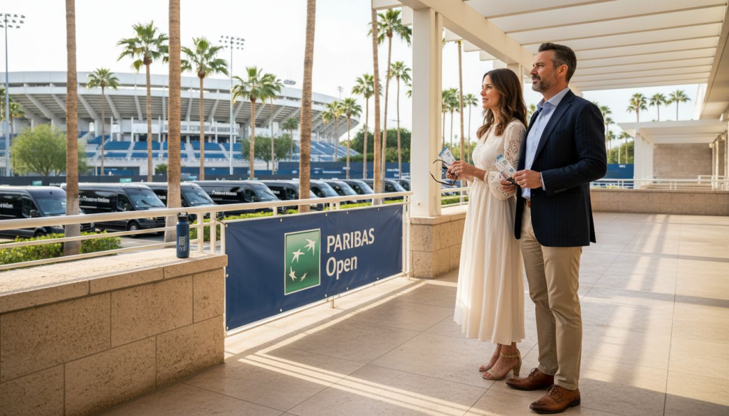Luxury travelers at Indian Wells Tennis Garden entrance