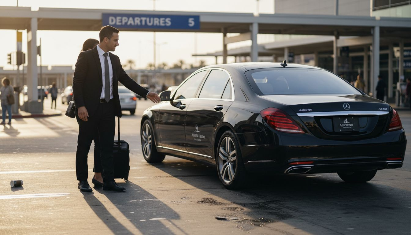 Chauffeur and businesswoman at LAX curb with black Mercedes