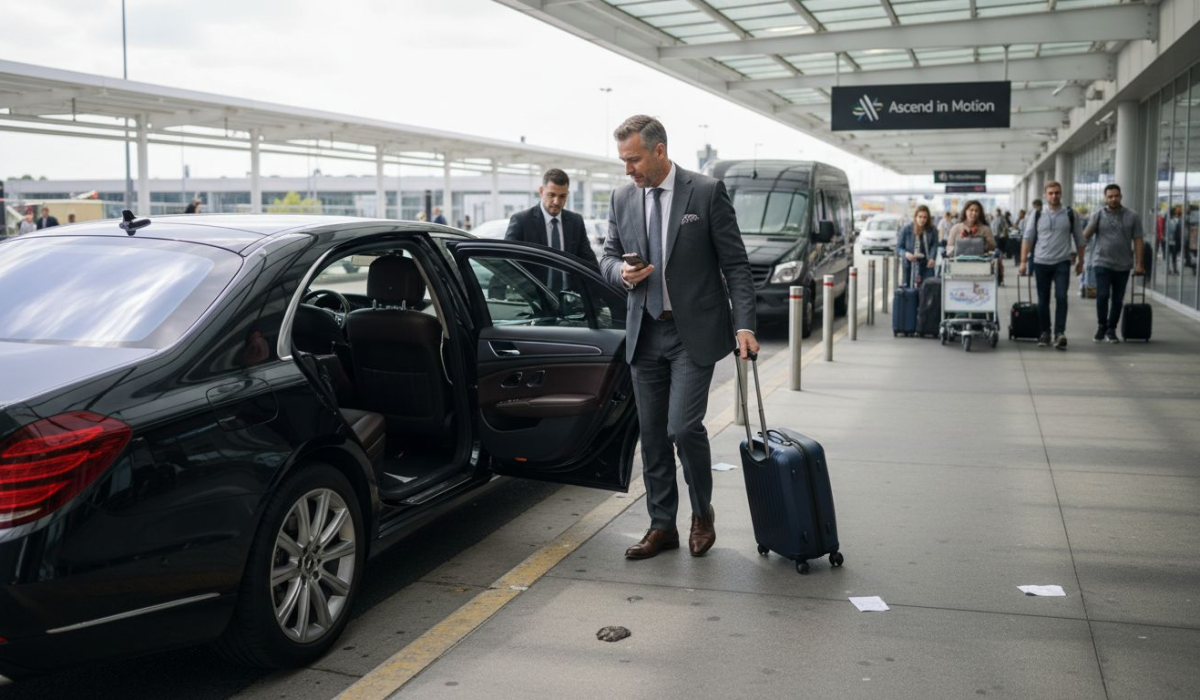 Business traveler exits black car at airport curb