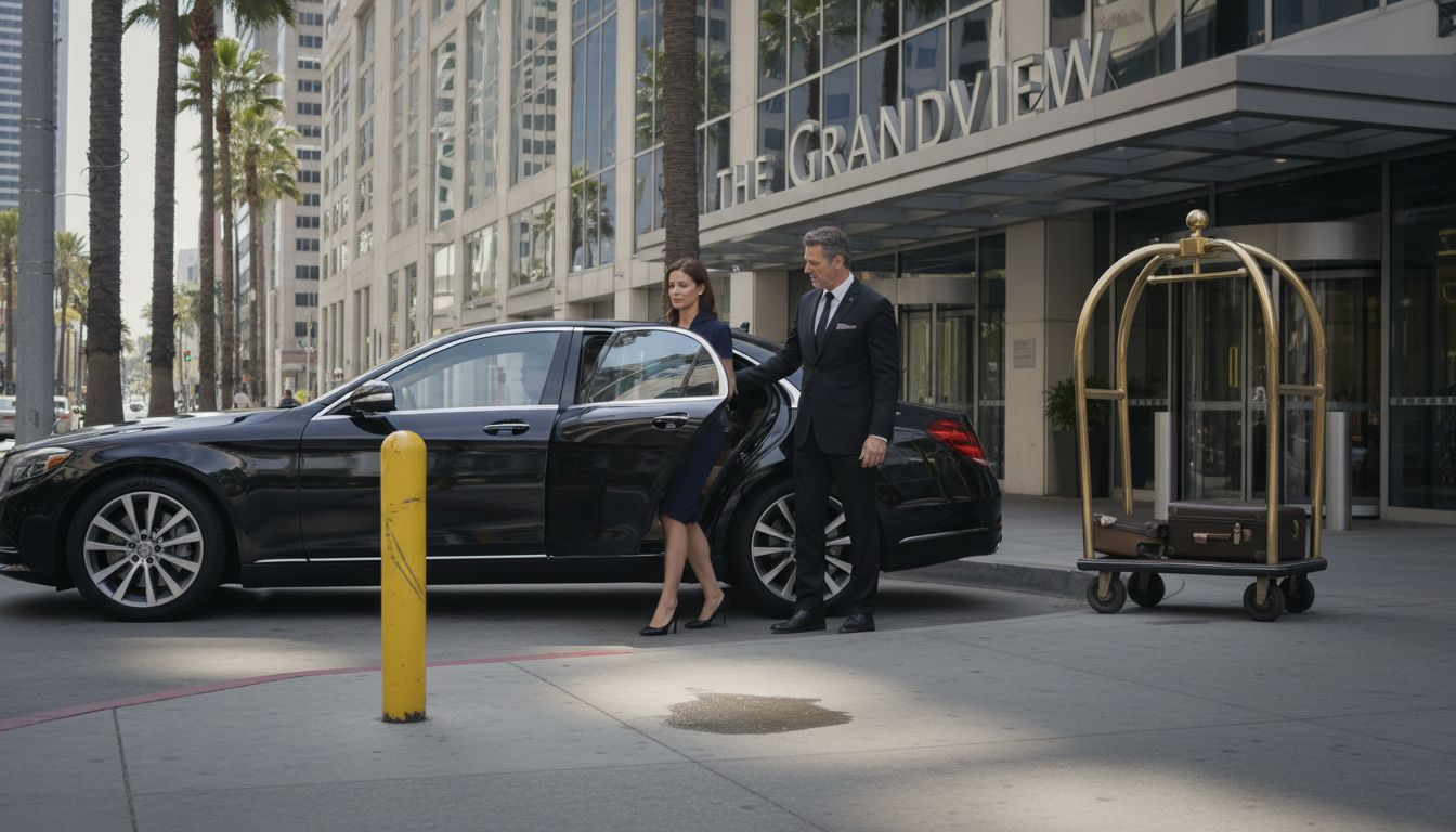 Chauffeur opening car door at California hotel