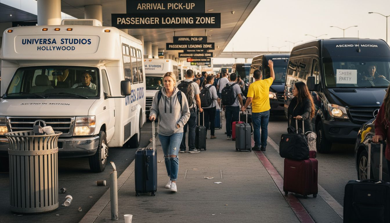 Traveler with suitcase boarding LAX shuttle van