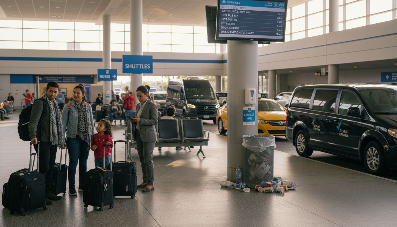 Travelers waiting in LAX transit lounge area