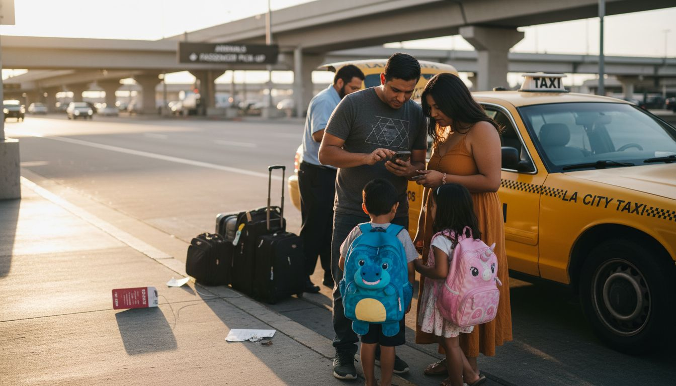 Family loading luggage into taxi at LAX