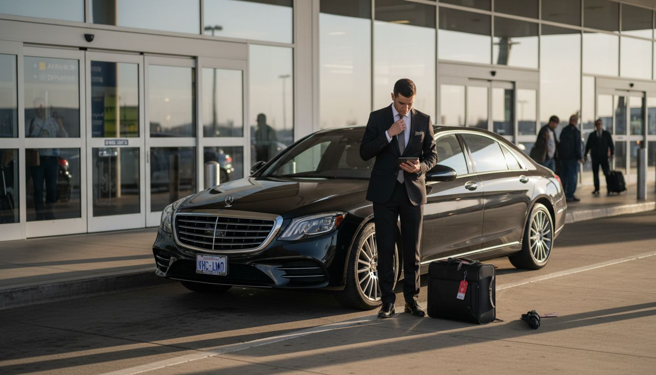 Chauffeur with luxury car outside airport terminal