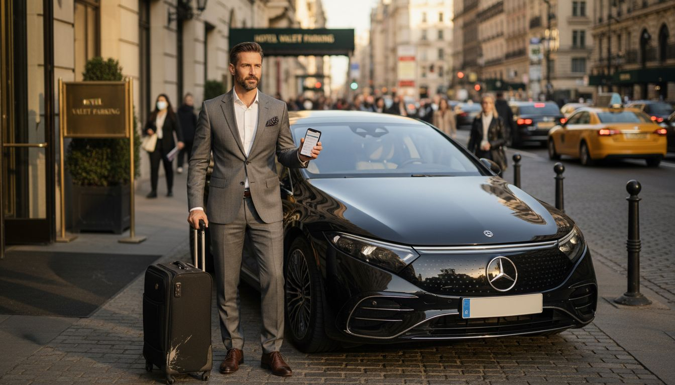 Traveler choosing luxury taxi by hotel entrance