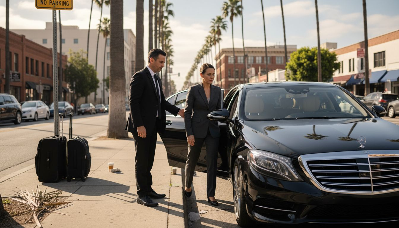 Chauffeur opens door for passenger at LA curb