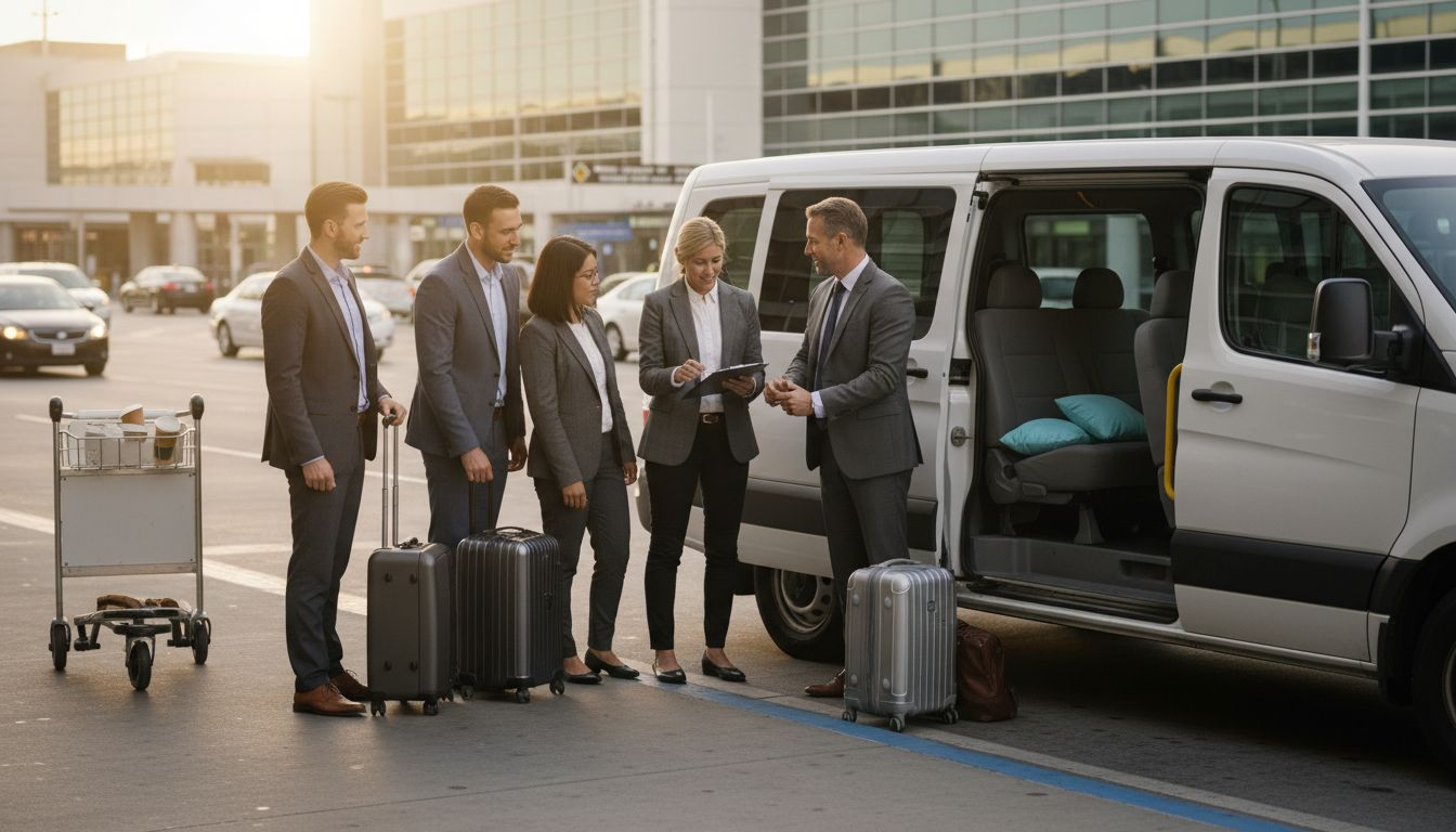 Group loading luggage into airport shuttle van