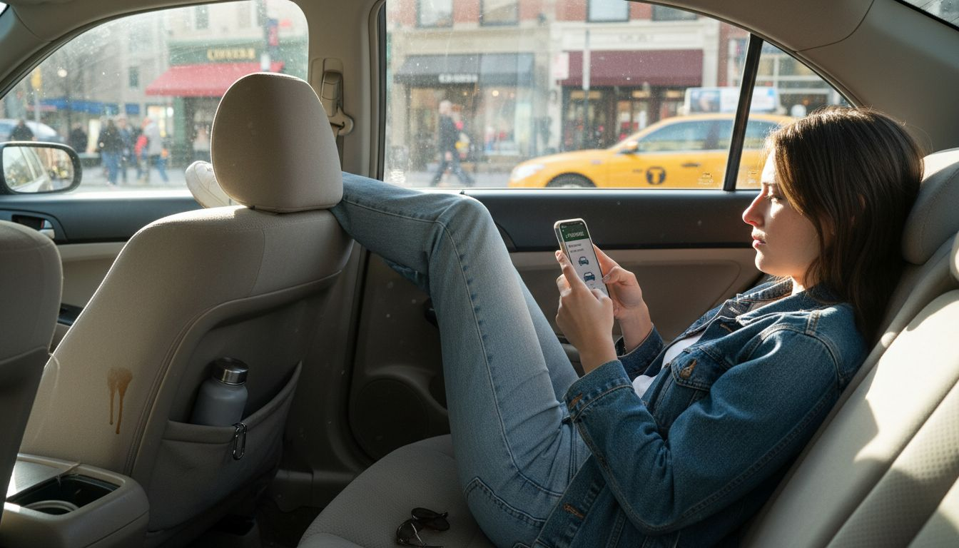Woman books cab ride on smartphone in car
