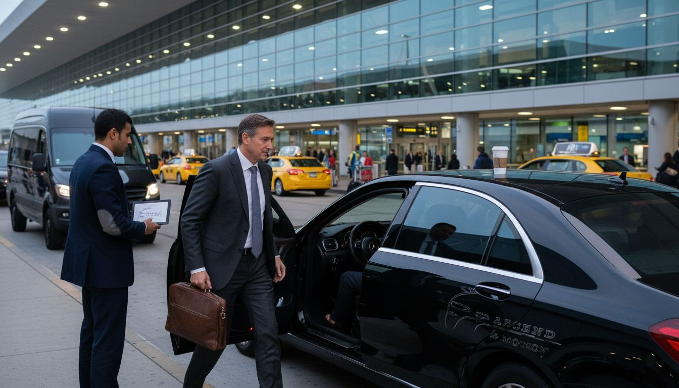 Executive greeted by chauffeur at airport arrivals