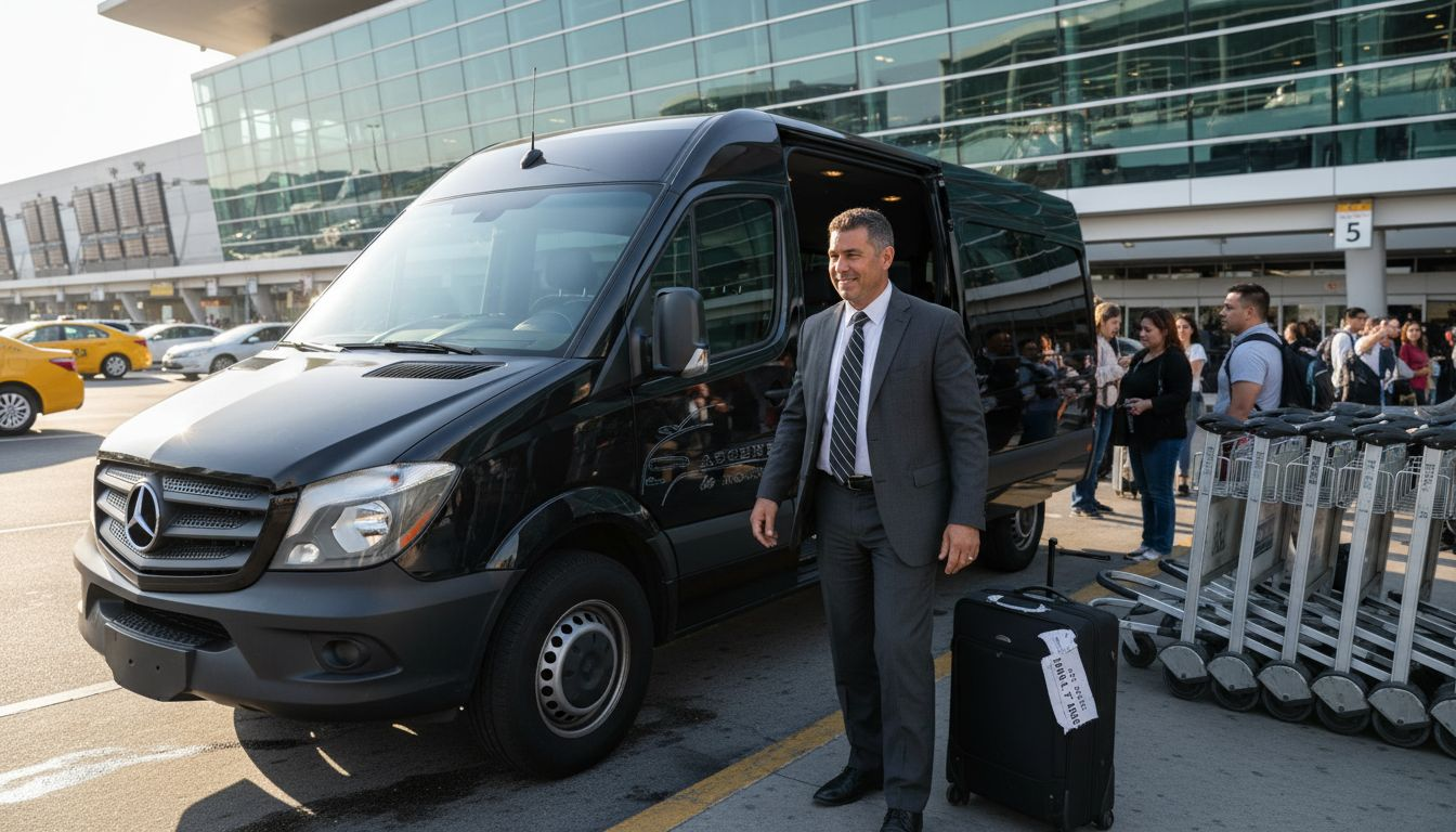 Chauffeur opening black limo van at LAX