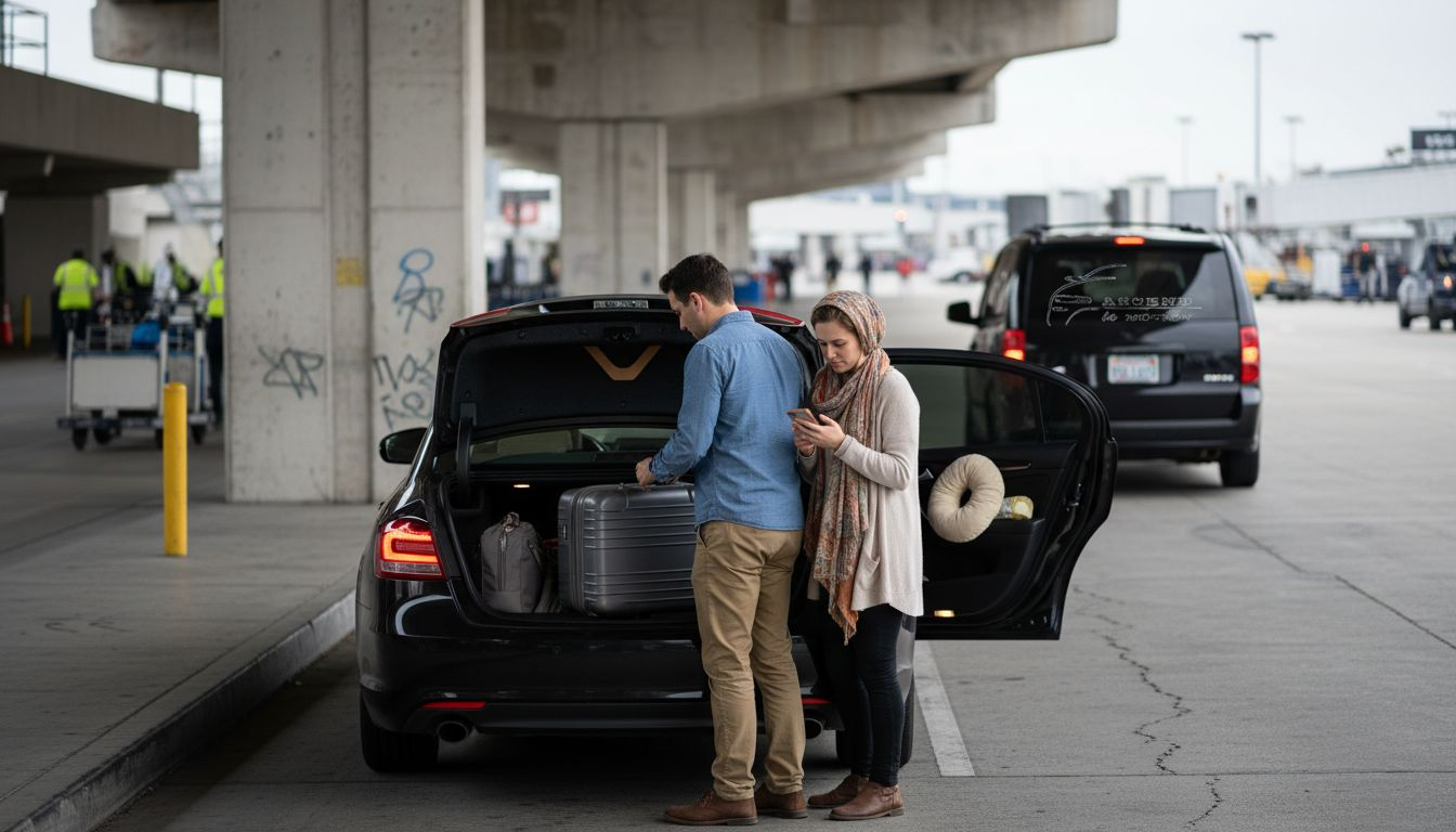 Travelers loading luggage into sedan at LAX