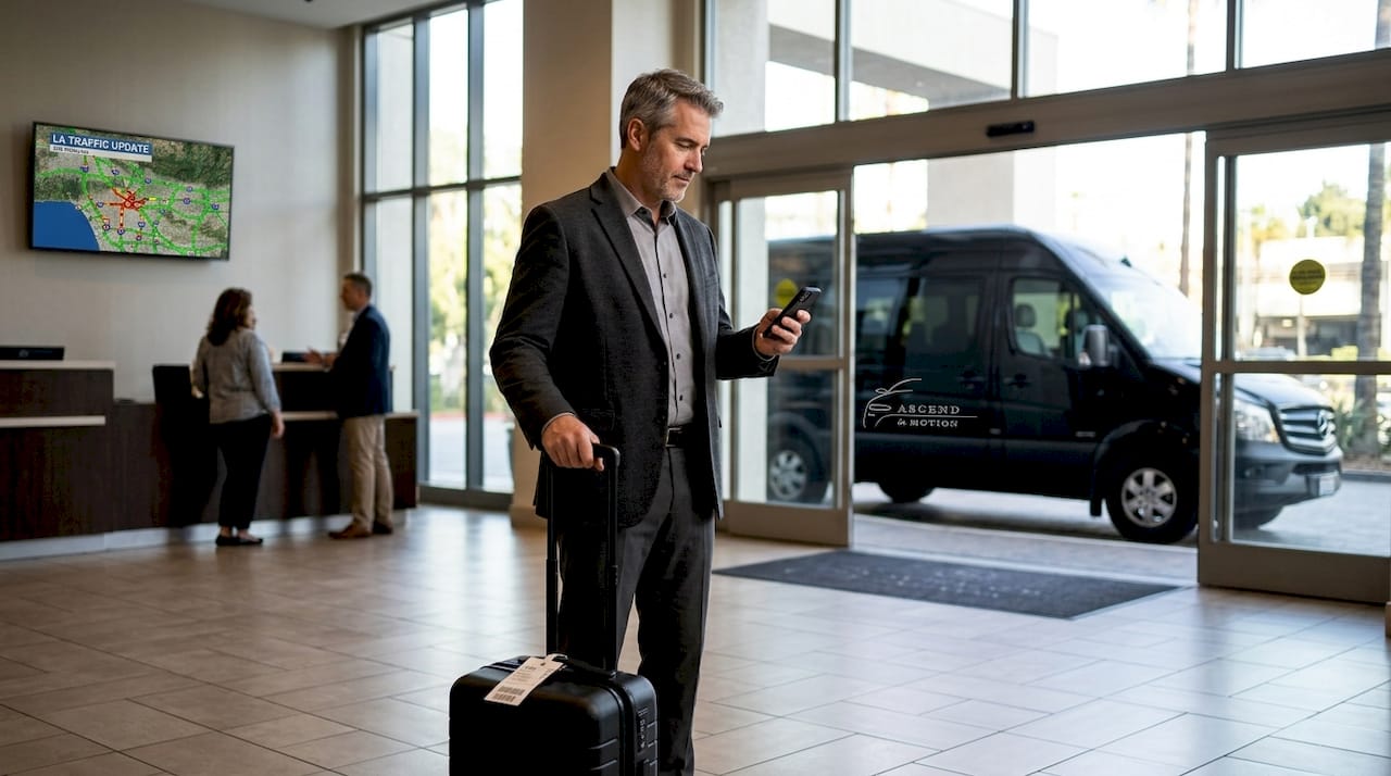 Traveler checks phone for LAX traffic
