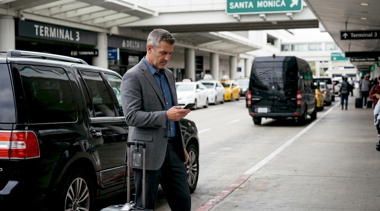 Business traveler waiting for SUV airport transfer